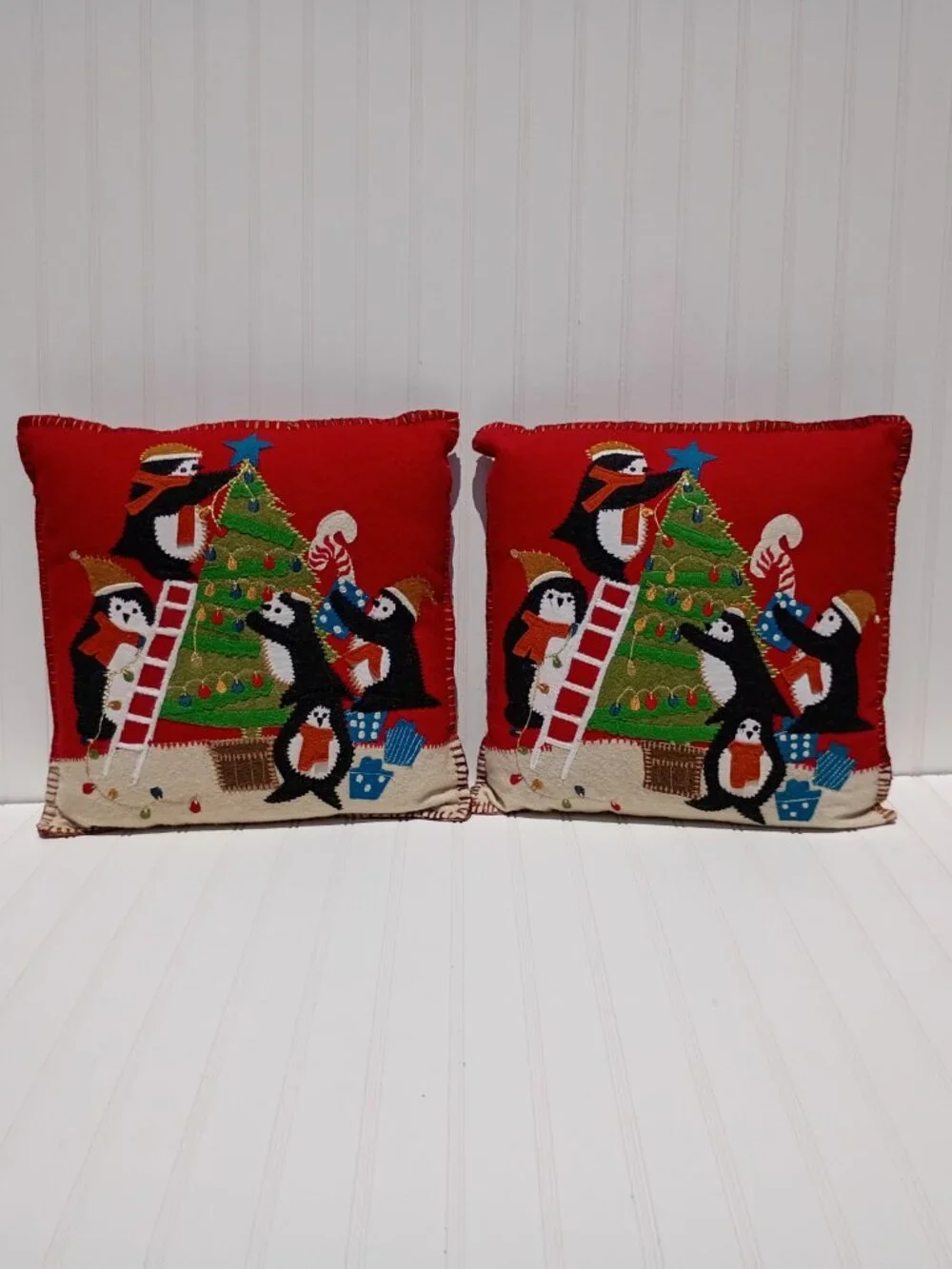 Pier 1 Christmas Penguin Throw Pillows Red Felt Applique Embroidered Tree PAIR